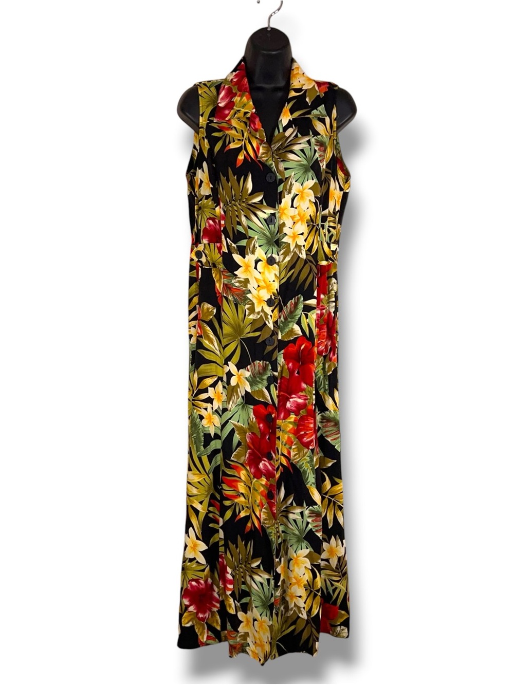 Vintage 90s Large White Stag Tropical Sleeveless Dress Floral Hawaiian Green